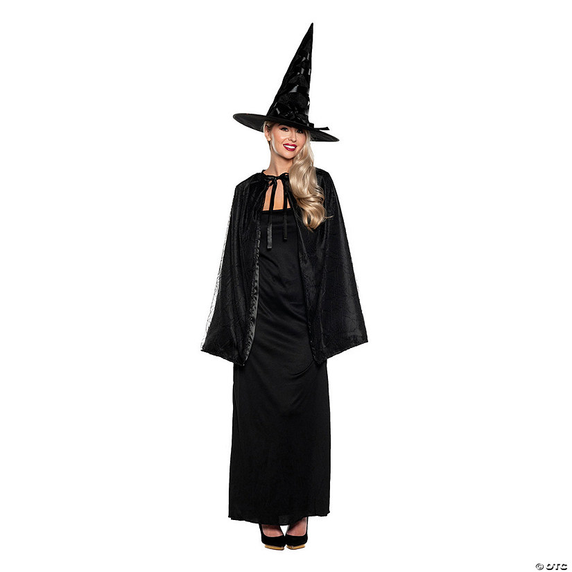 Adults Black Witch Cape &amp; Hat Costume Set OS Image