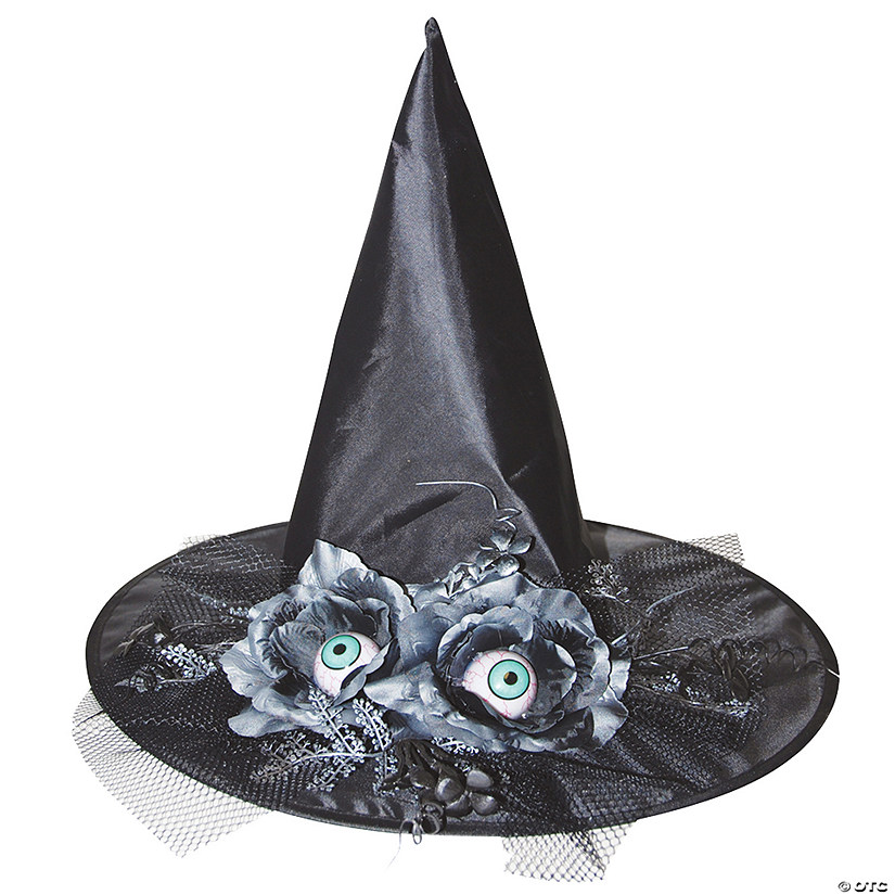 Adults Black Witch Hat with Flowers & Eyes Image