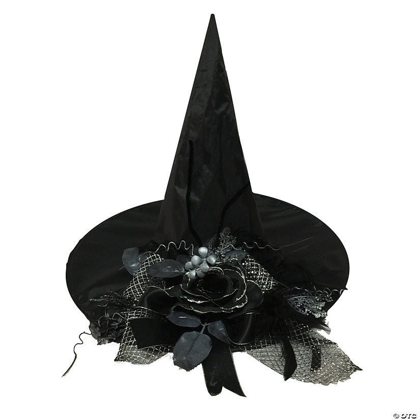 Adults Black Witch Hat with Rose & Ribbon Image