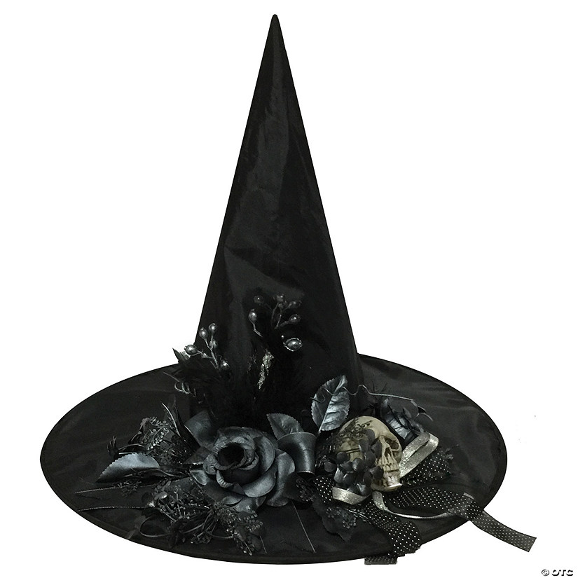 Adults Black Witch Hat with Skull & Flowers Image
