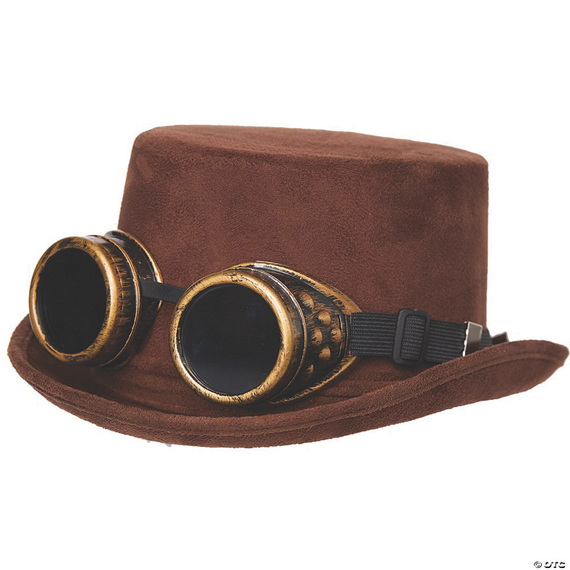 Adults Brown Faux Suede Steampunk Hat with Gold Goggles Image
