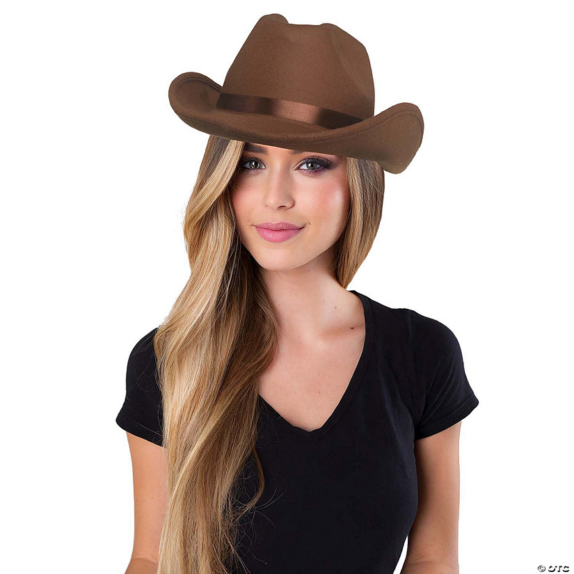 Adults Brown Flocked Polyester Cowboy Hat with Hatband Costume Accessory Image