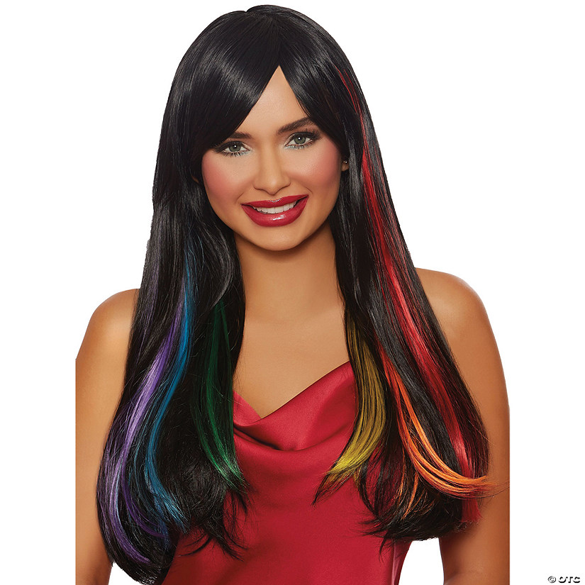 Adults Brown Long Straight Wig with Hidden Rainbow Image