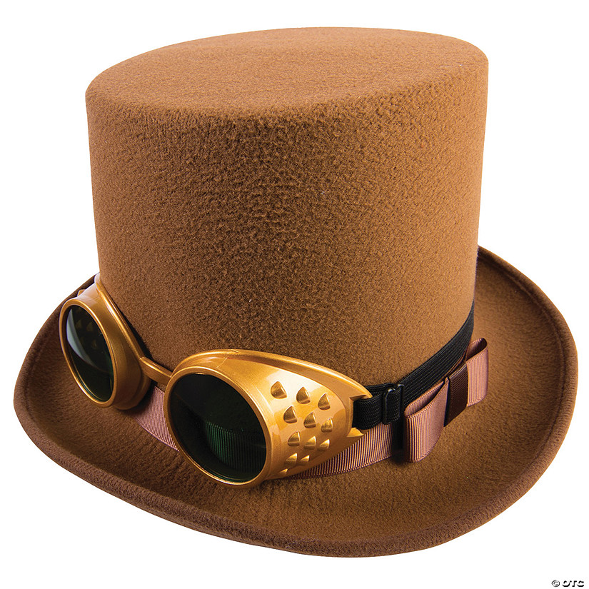Adults Brown Steampunk Hat with Brown Hatband &amp; Gold Goggles Image