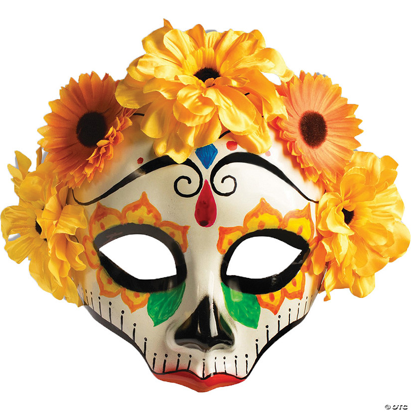 Adult's Day Of The Dead Sugar Skull Mask with Yellow Flowers Image