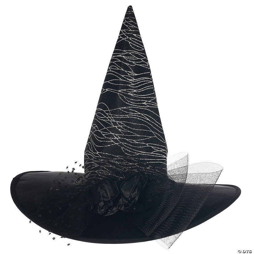 Adults Deluxe Black Witch Hat with Silver Glitter & Tulle Image
