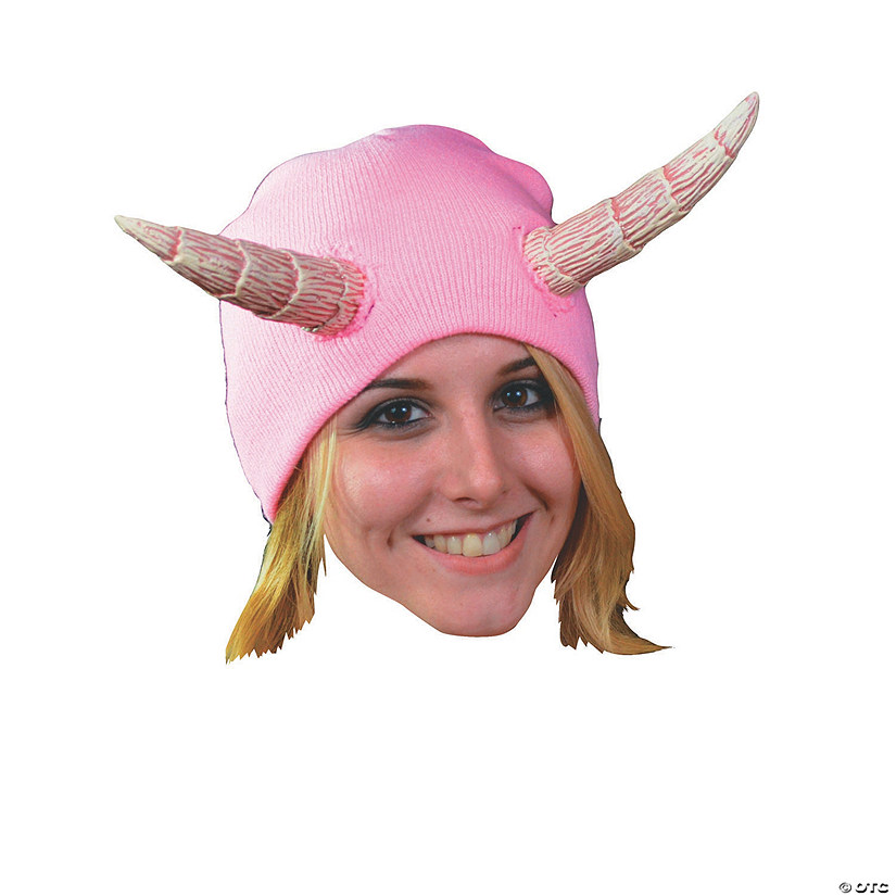 Adults Devil&amp;#8217;s Cap Pink Knit Hat with Horns - One Size Image
