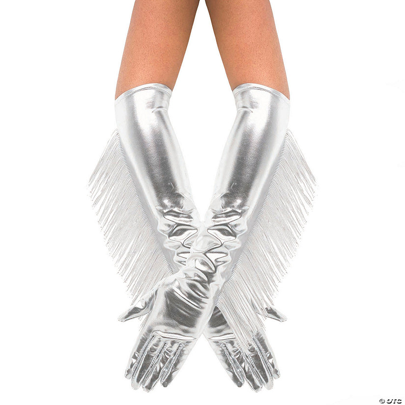 Adults Metallic Silver Fringe Long Gloves Costume Accessory Image