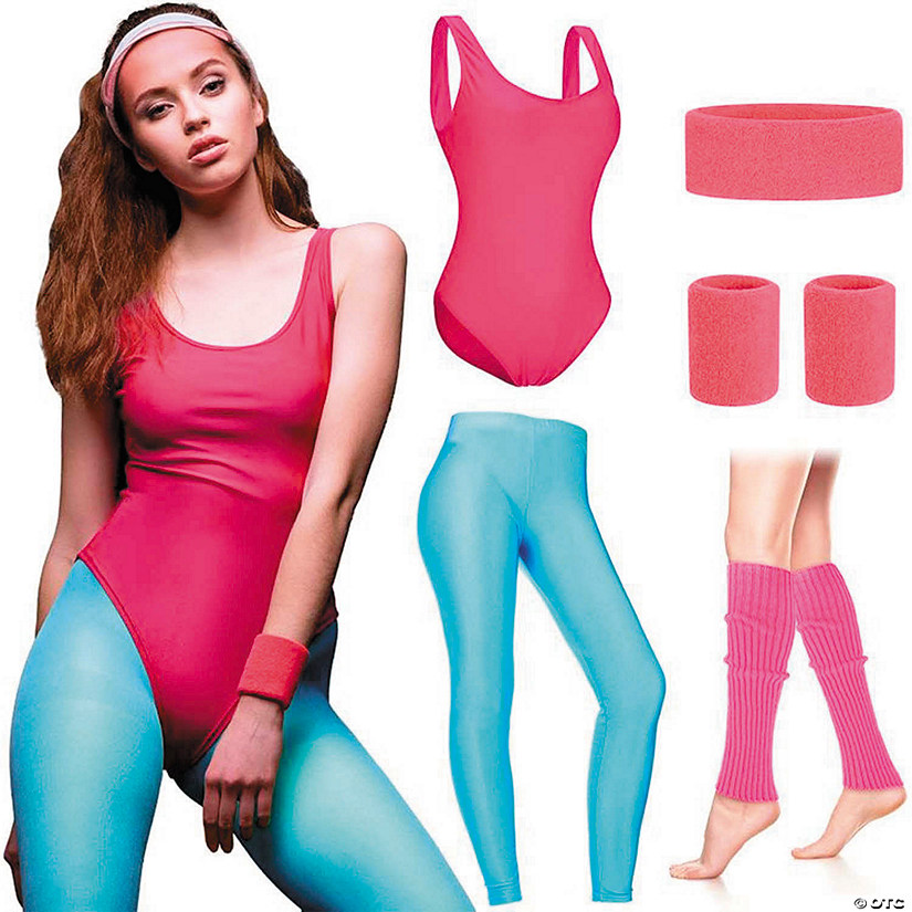 Adults Pink &amp; Blue 80's Workout Costume - One Size Image