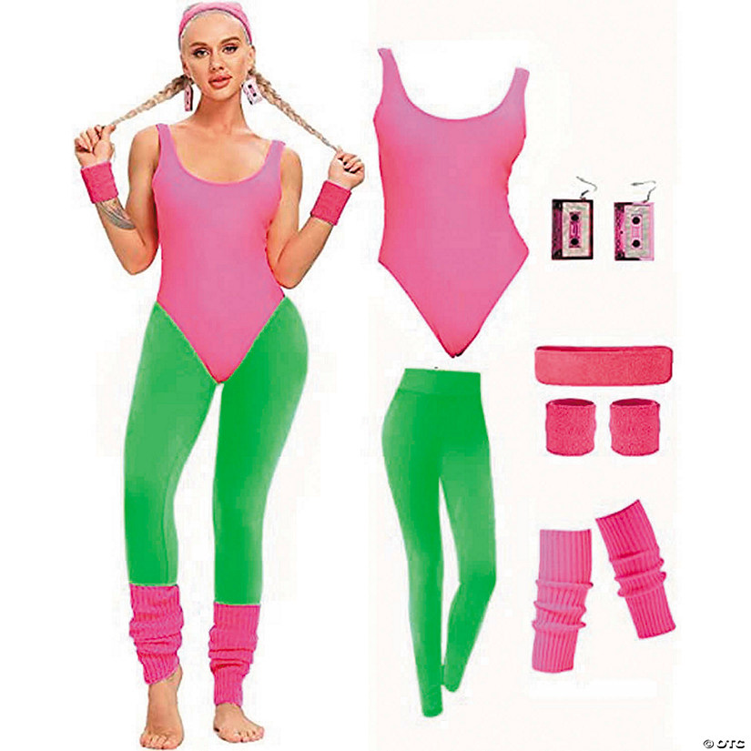 Adults Pink &amp; Neon Green 80's Workout Costume - One Size Image