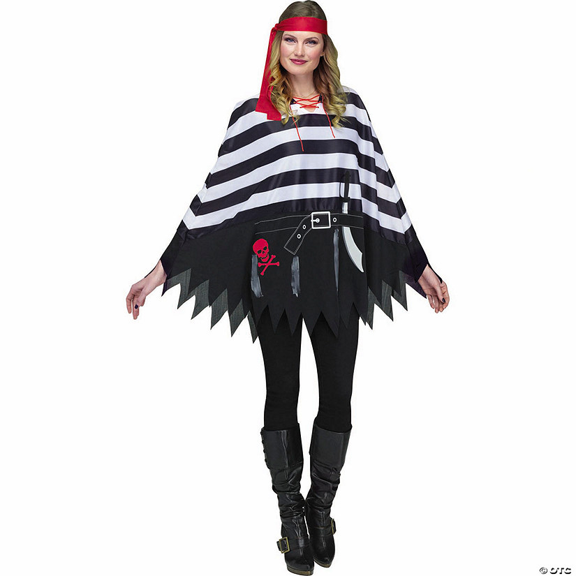 Adults Pirate Black, White & Red Polyester Poncho - One Size Image