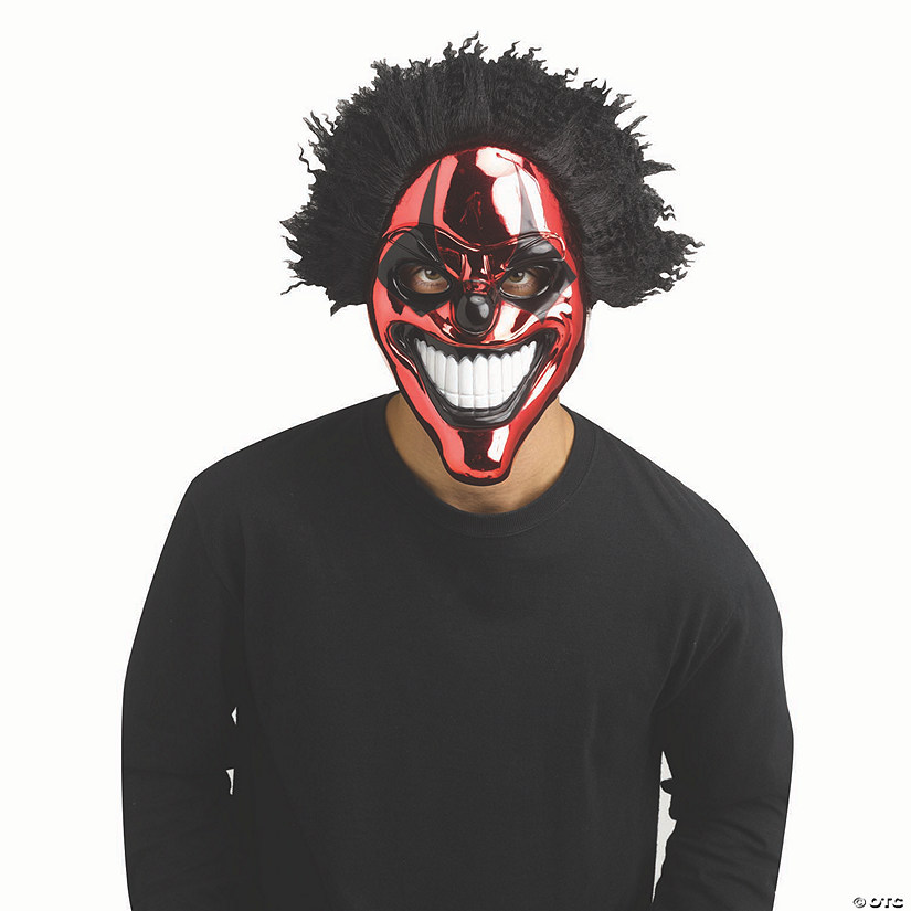 Adults Red Chrome Evil Clown Full Mask with Black Hair - One Size Image