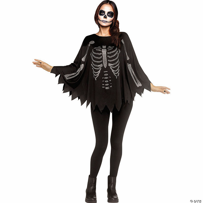 Adults Rhinestone Bling Skeleton Black Poncho Costume - One Size Image