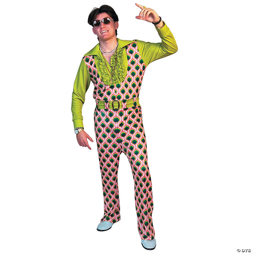 Adults Swaggertown Pink &amp; Green Feather-Print Pantsuit Costume Image