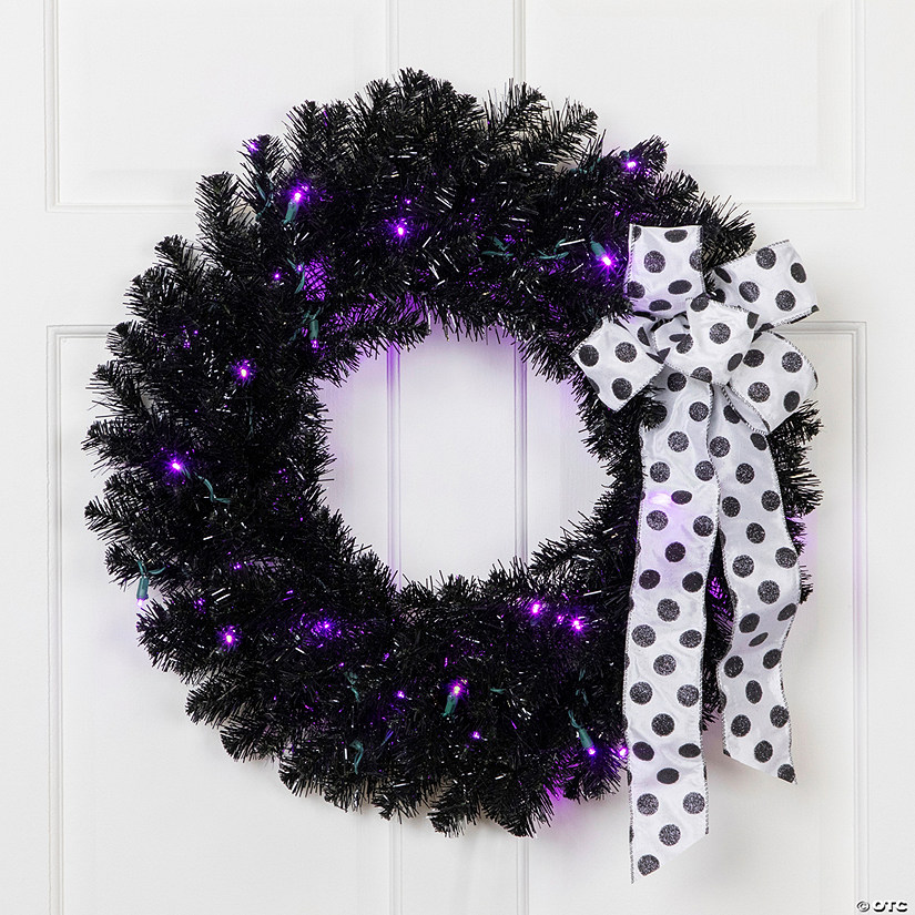 Black Crystal Pine Artificial Halloween Wreath - 24" - LED Purple Image