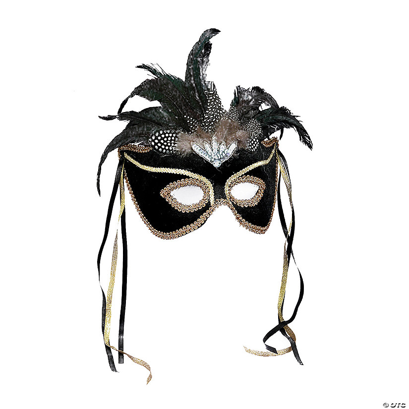 Black with Gold Trim & Feathers Venetian Masquerade Mask Image