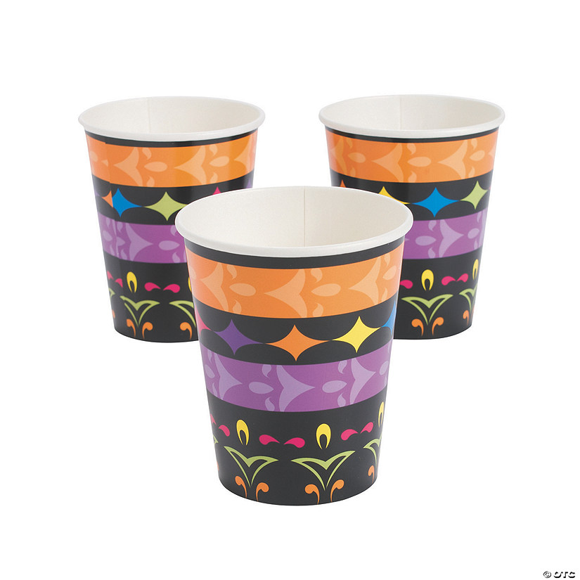 Day Of The Dead Patterned Orange & Purple Paper Cups - 8 Pc. Image