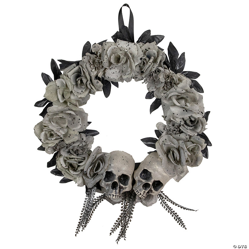 Double Skull and Gray Roses Halloween Wreath  16-Inch  Unlit Image