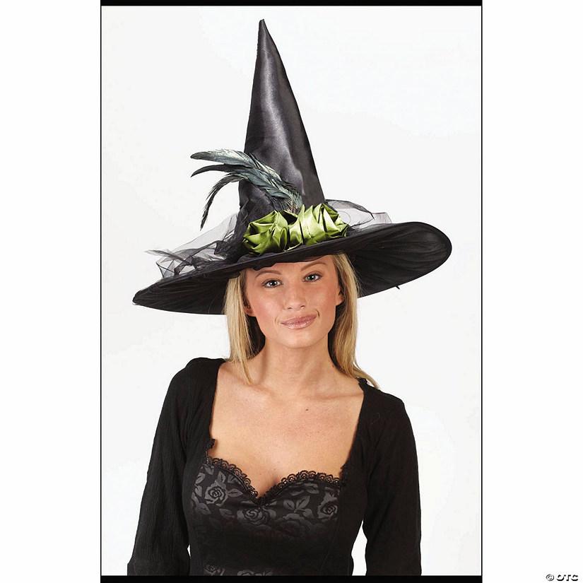 Fancy Feather &amp; Rose Black Witch Hat Costume Accessory Image