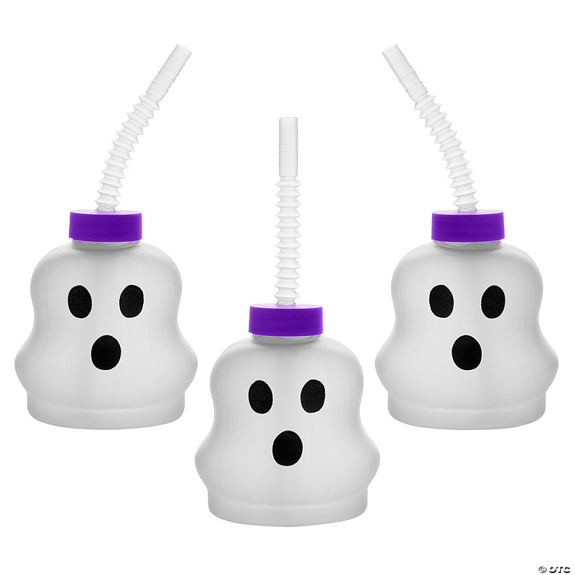 Ghost-Shaped Frosted Reusable Plastic Cups with Lids &amp; Straws - 12 Ct. Image