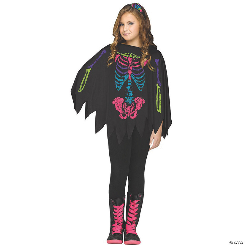 Girl&#8217;s Colorful Skeleton Poncho Costume Image