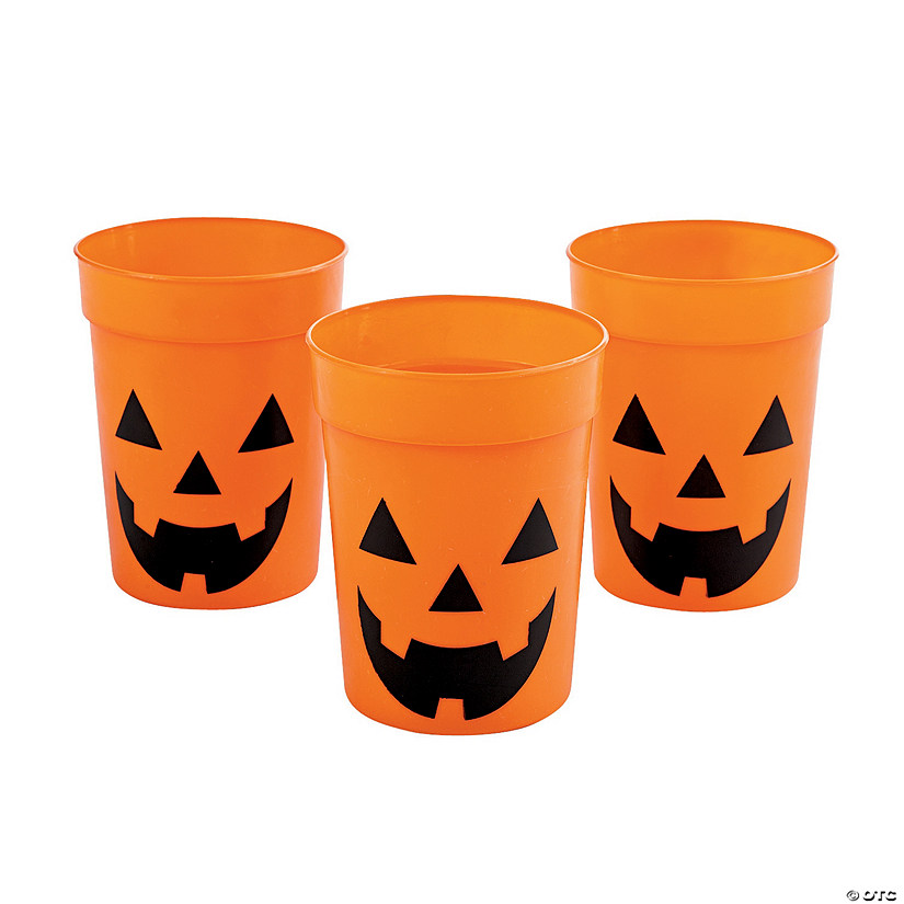 Happy Jack-O&#8217;-Lantern Orange Plastic Cups - 12 Pc. Image