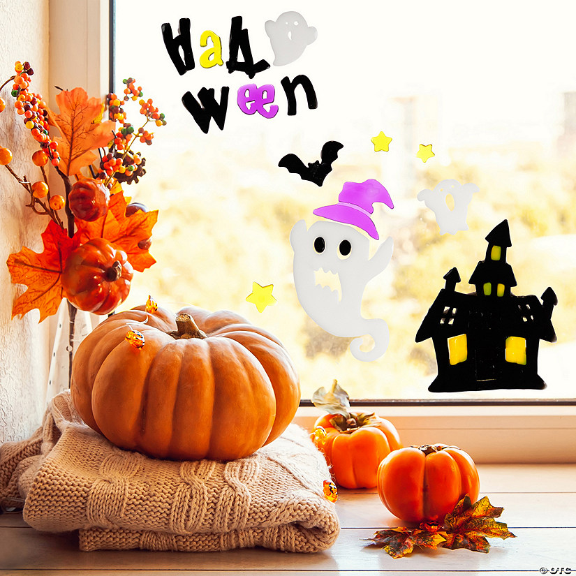 Haunted House and Ghost Halloween Gel Window Clings - Purple and Black - 15pc Image