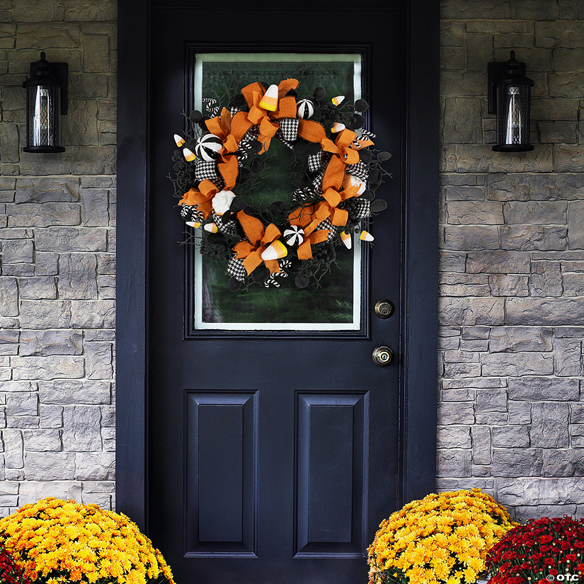 Houndstooth Bows and Candy Corn Halloween Wreath - 24" - Unlit Image