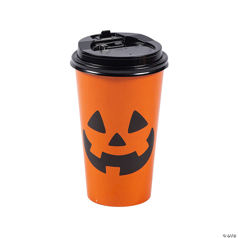Jack-O&amp;#8217;-Lantern Paper Coffee Cups with Lids - 12 Pc. Image