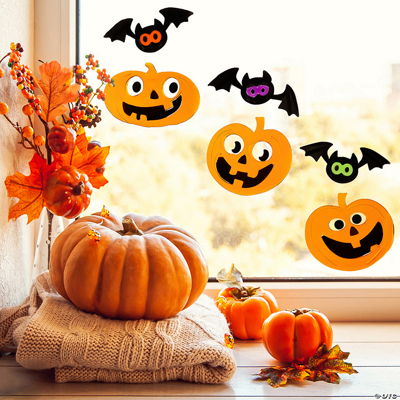 Jack-O-Lanterns and Bats Halloween Gel Window Clings - Orange and Black - 6pc Image
