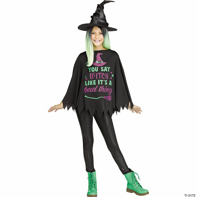 Kids Black, Green & Purple Witch Poncho Costume - One Size Image