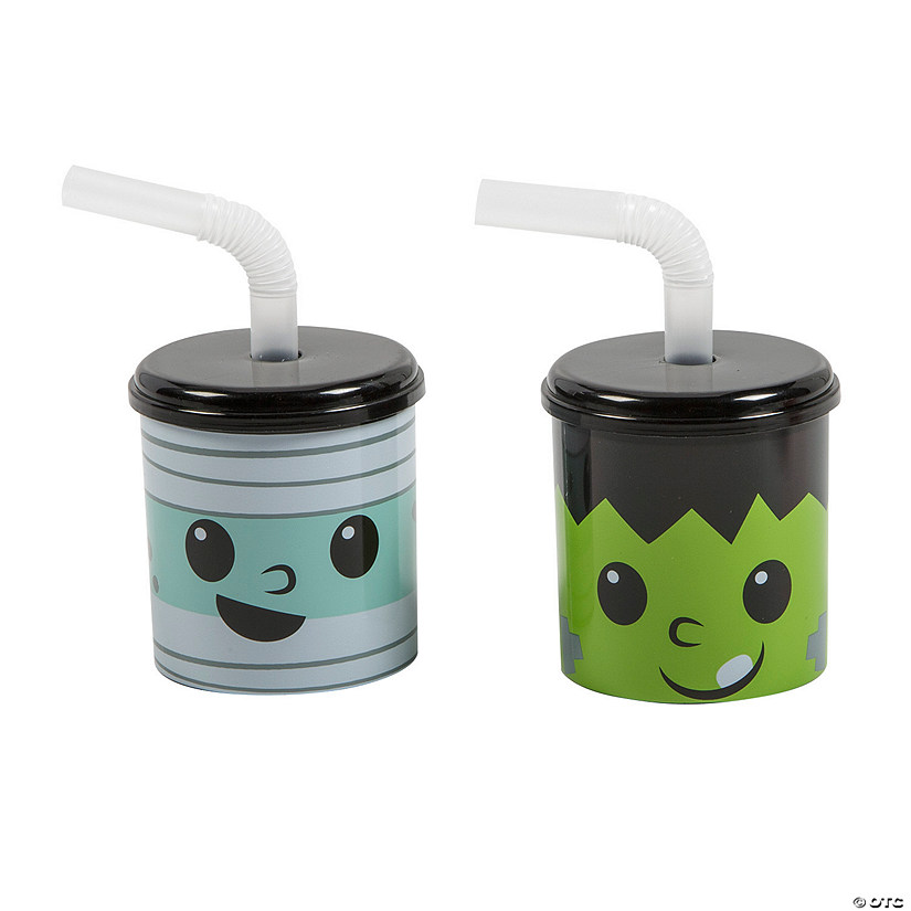Kids Halloween Monster Reusable BPA-Free Plastic Cups with Lids & Straws Image