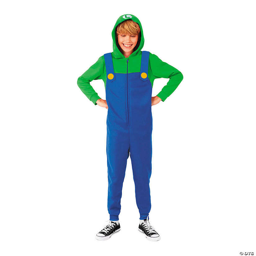Kids Super Mario Bros.&amp;#8482; Luigi Hooded Onesie Costume Image