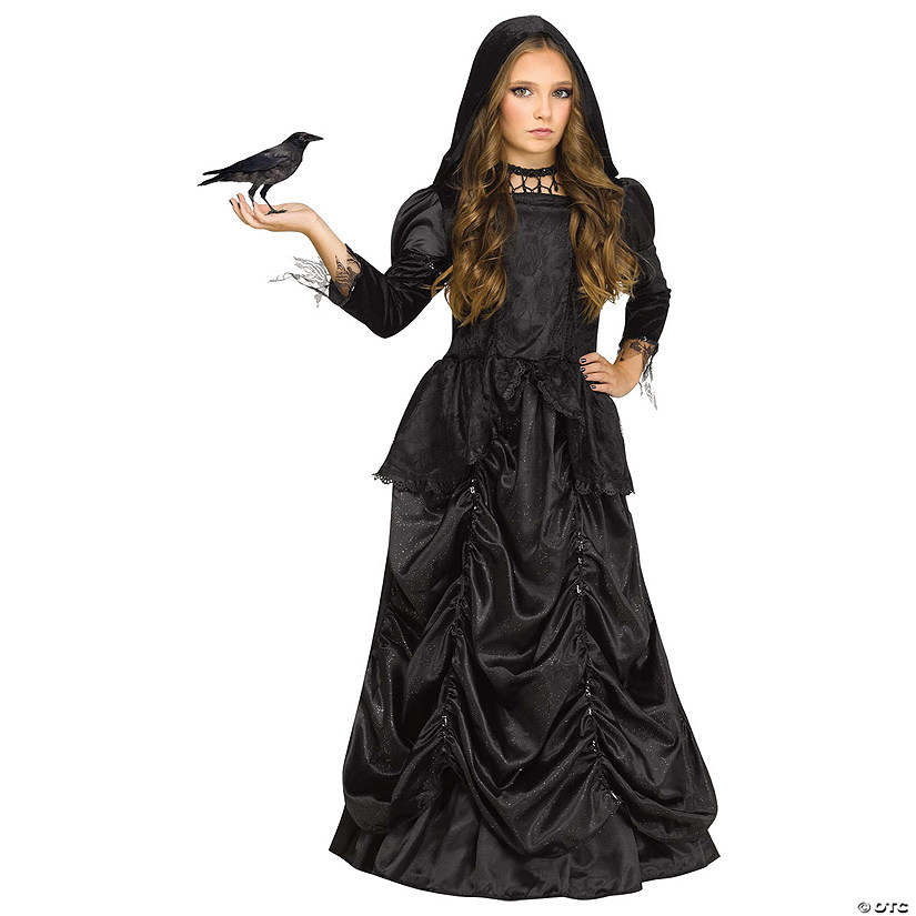 Girls Coffin Queen Vampire Costume - Medium (8-10), Black Dress With Cape, Red Belt & Bat Necklace