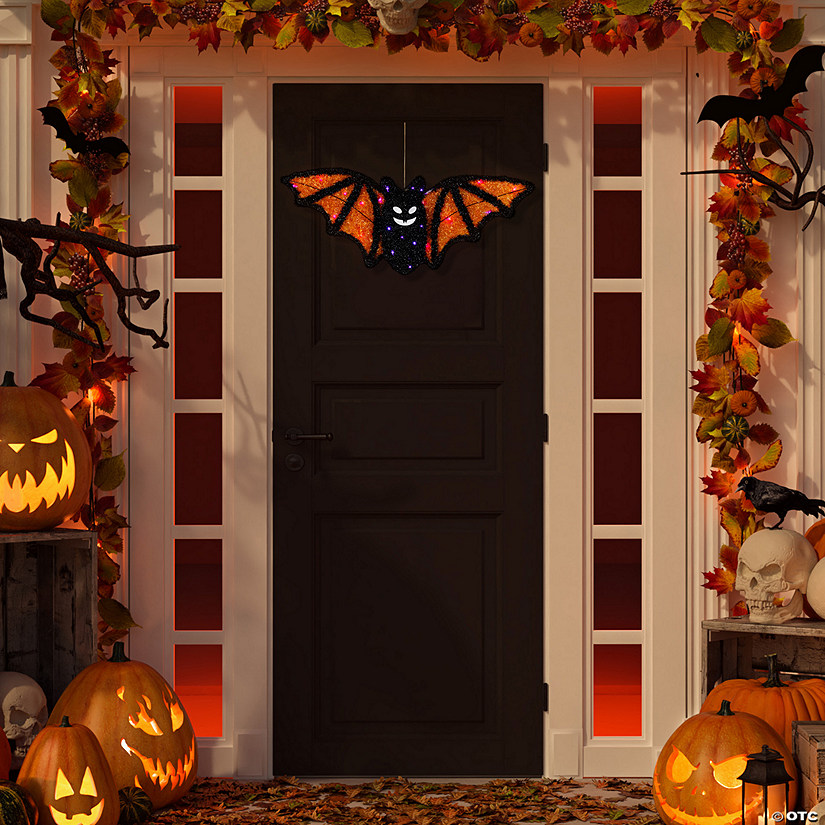 LED Lighted Bat Halloween Decoration - 25" - Black and Orange - Purple Lights Image