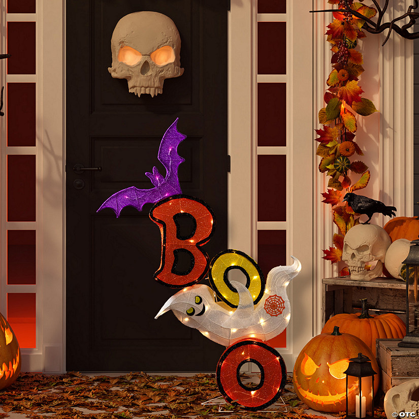 Lighted Bat and Ghost "BOO" Halloween Decoration - 4.5' - Warm White LED Lights Image