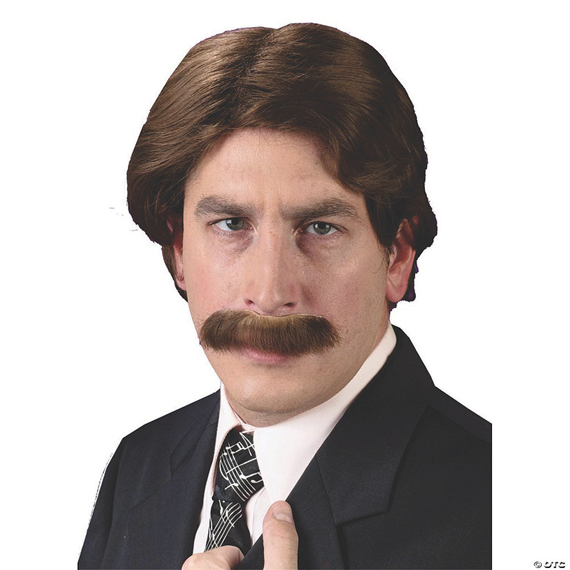 Men's Brown 70s Wig &amp; Mustache Set Image