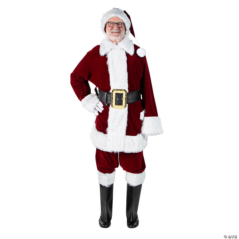 Men's Burgundy Velvet Santa Suit with Overalls Costume Image