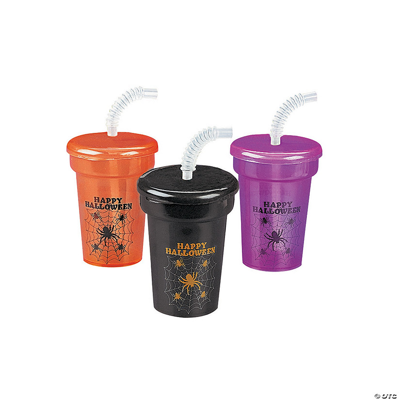 Mini Halloween Cups with Lids & Straws - 12 Pc. Image