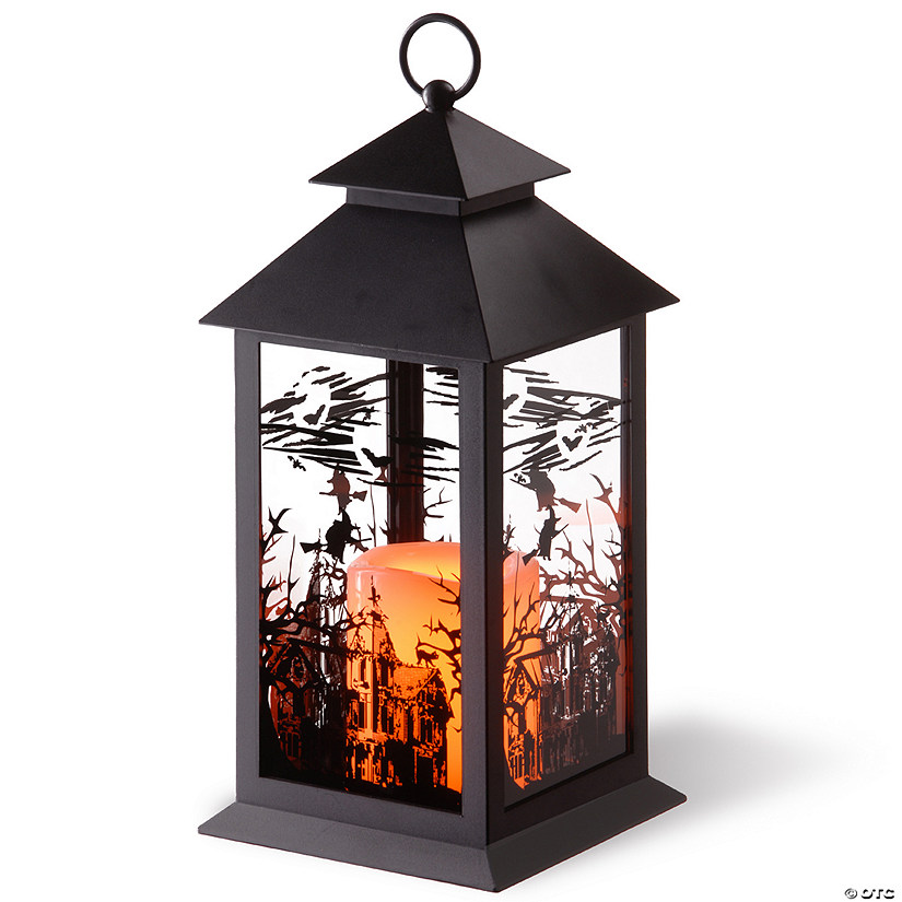 National Tree Company 12&quot; Halloween Lantern with LED Lights, Carved Images of Witches, Haunted House Image