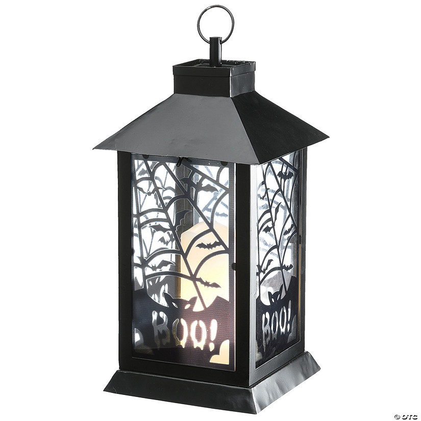 National Tree Company 16&quot; Halloween Lantern with LED Lights, Carved Images of Bats and Cobwebs Image