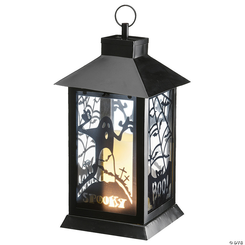 National Tree Company 16&quot; Halloween Lantern with LED Lights, Carved Images of Ghosts and Cobwebs Image