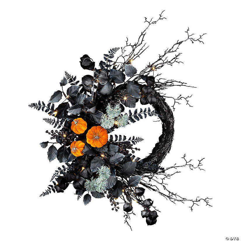 National Tree Company 20" Artificial Halloween Half Wreath with Pumpkins, 30 Warm White LED Lights, Battery Operated Image