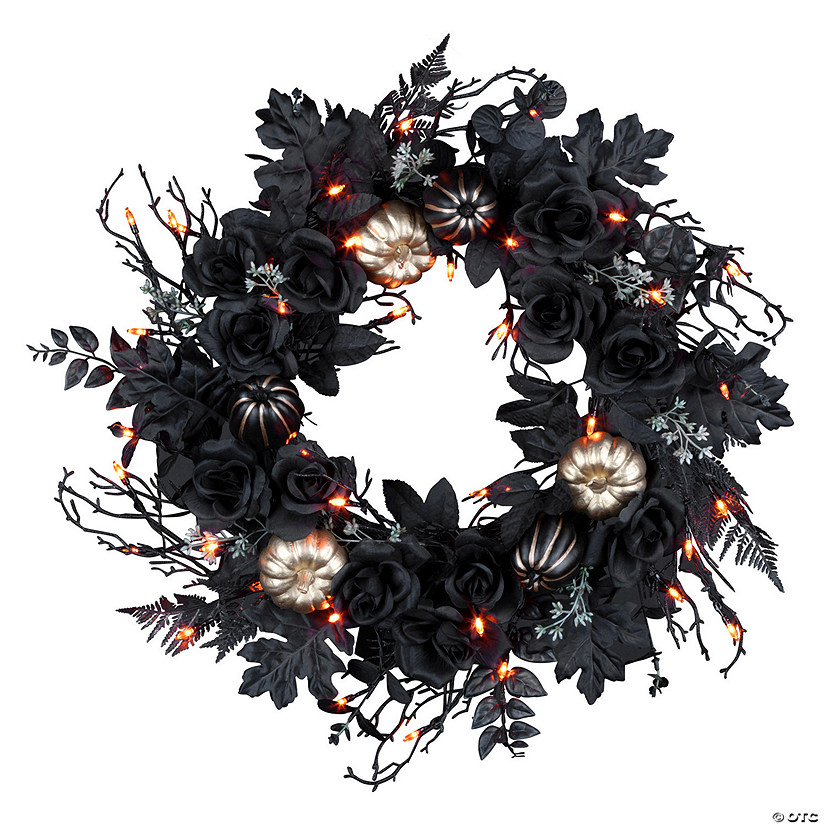 National Tree Company 24" Artificial Chic Eek Black and Gold Halloween Wreath, 40 Orange LED Lights, Battery Operated Image