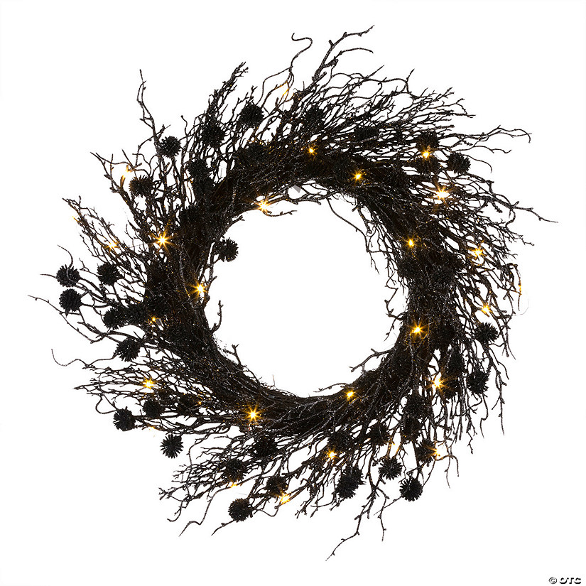 National Tree Company 24" Artificial Deadwood Twig Wreath, 30 Orange LED Lights, Battery Operated Image
