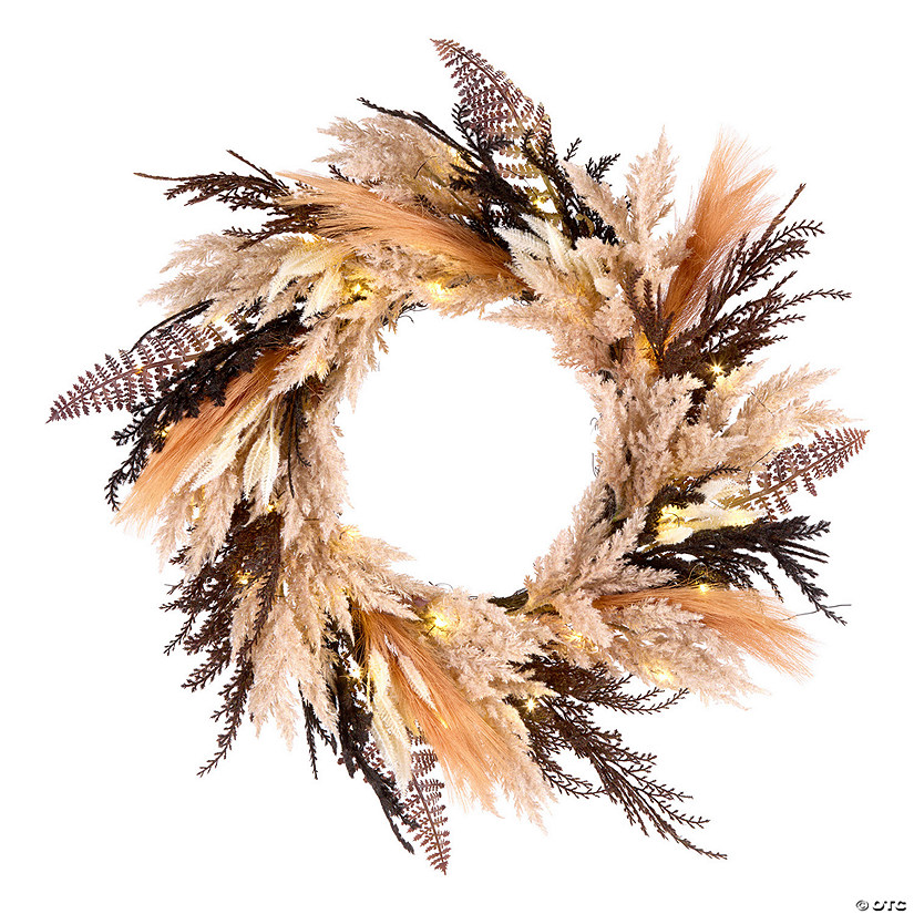 National Tree Company 26" Artificial Orange and Black Pampas Wreath, 30 Warm White LED Lights, Battery Operated Image