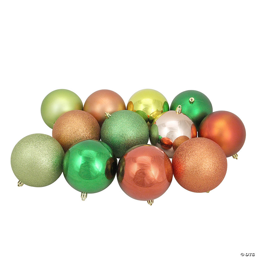 Northlight 12ct Orange and Green Shatterproof 3-Finish Christmas Ball Ornaments 4" (100mm) Image