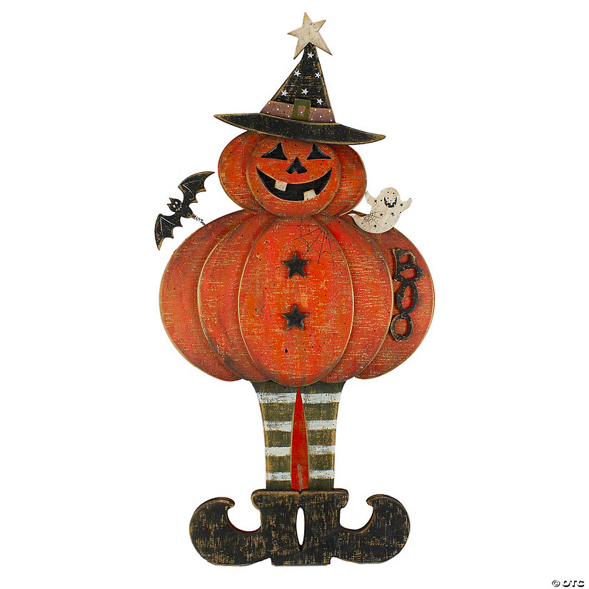 Northlight 28&quot; Lighted Standing Pumpkin With A Ghost And Bat Halloween Tabletop Decor Image
