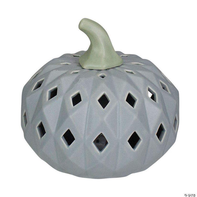 Northlight 5" Gray and Green Lighted Fall Harvest Ceramic Pumpkin Image