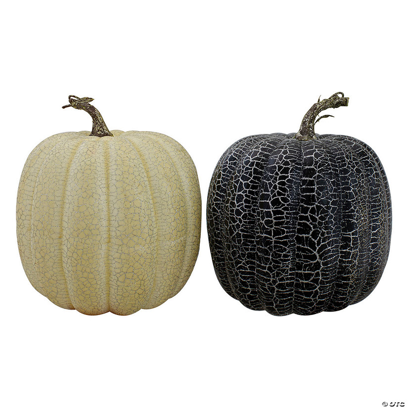 Northlight Set of 2 Black and Beige Fall Harvest Tabletop Pumpkins With a Brown Stem 7" Image
